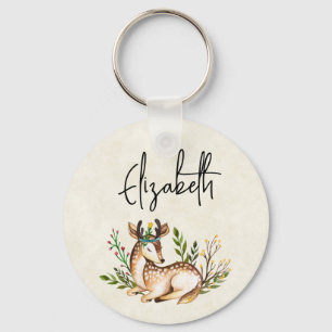 Pretty Watercolor Deer Laying Down Boho Keychain