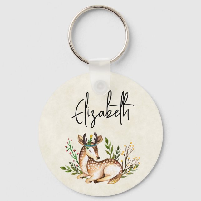 Pretty Watercolor Deer Laying Down Boho Keychain (Front)