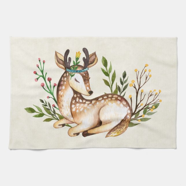 Pretty Watercolor Deer Laying Down Boho Kitchen Towel (Horizontal)
