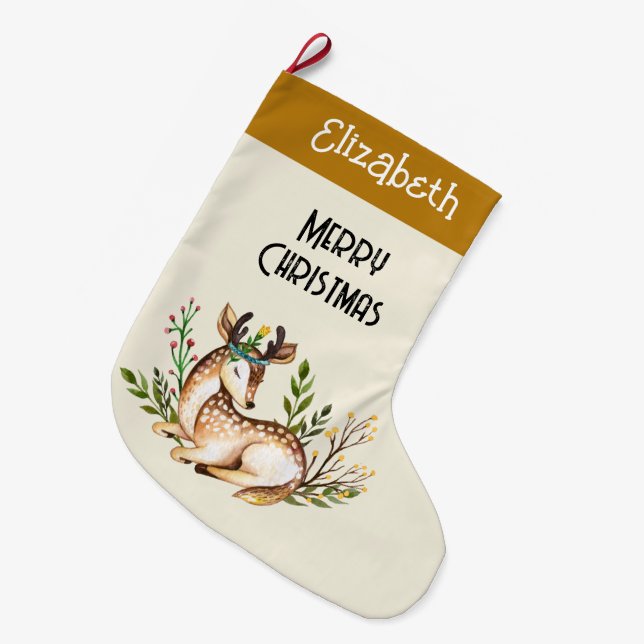 Pretty Watercolor Deer Laying Down Boho Large Christmas Stocking (Front (Hanging))