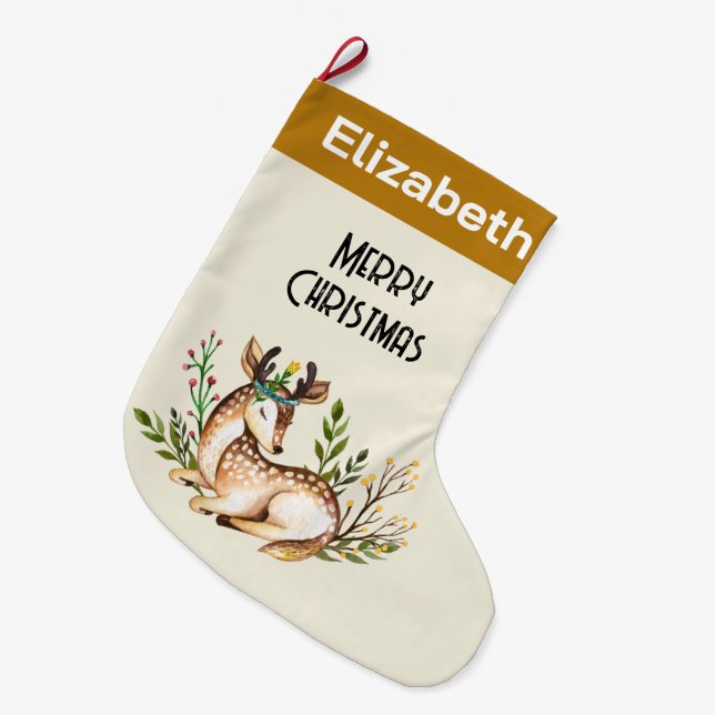 Pretty Watercolor Deer Laying Down Boho Large Christmas Stocking (Front (Hanging))