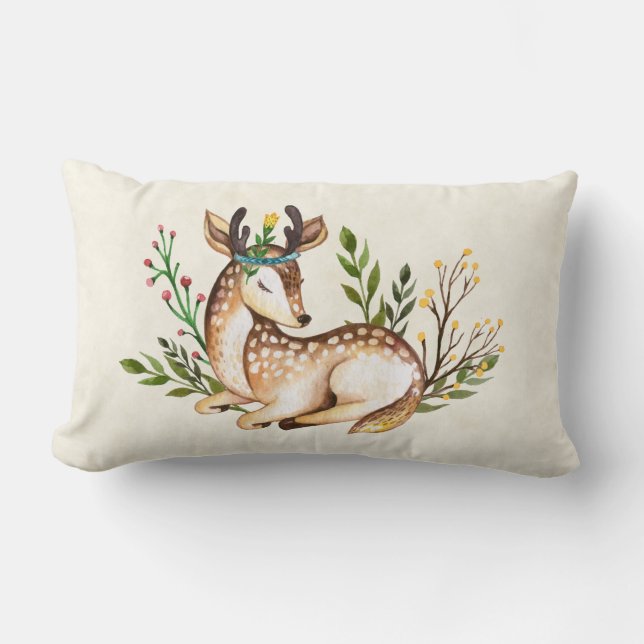 Pretty Watercolor Deer Laying Down Boho Lumbar Pillow (Front)