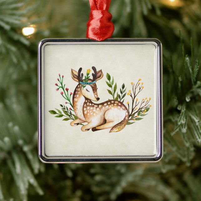 Pretty Watercolor Deer Laying Down Boho Metal Ornament (Tree)