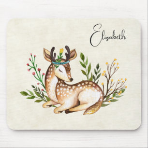 Pretty Watercolor Deer Laying Down Boho Mouse Pad