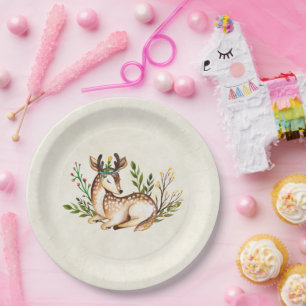 Pretty Watercolor Deer Laying Down Boho Paper Plates