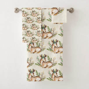 Pretty Watercolor Deer Laying Down Boho Pattern Bath Towel Set