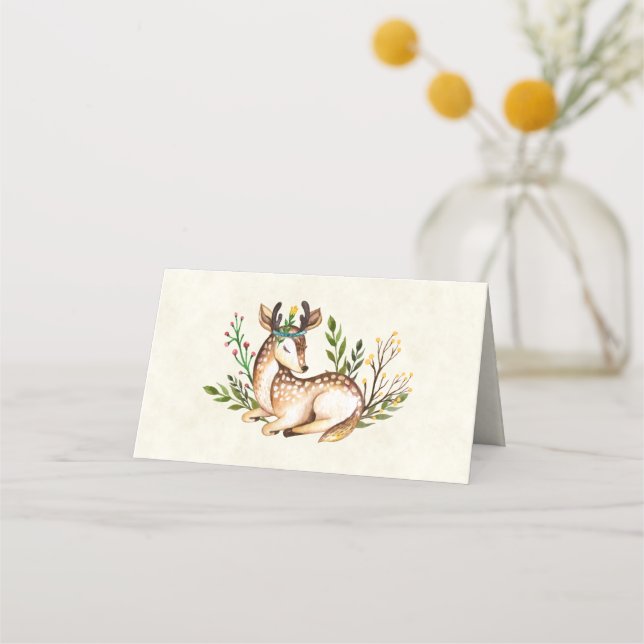 Pretty Watercolor Deer Laying Down Boho Place Card (Front)