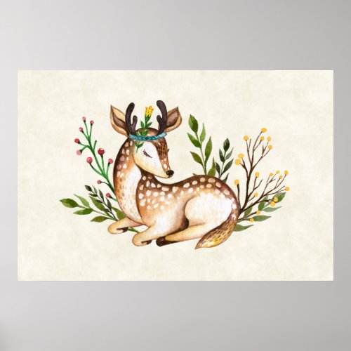 Pretty Watercolor Deer Laying Down Boho Poster