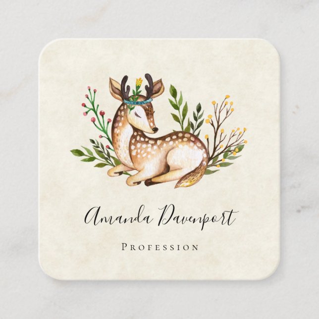 Pretty Watercolor Deer Laying Down Boho Square Business Card (Front)