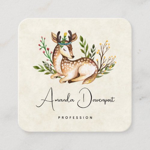 Pretty Watercolor Deer Laying Down Boho Square Business Card