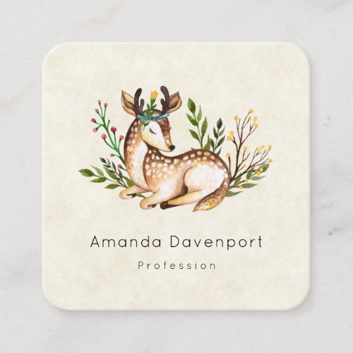 Pretty Watercolor Deer Laying Down Boho Square Business Card