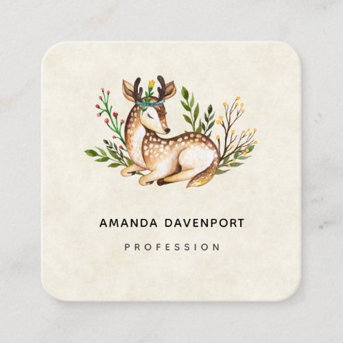 Pretty Watercolor Deer Laying Down Boho Square Business Card