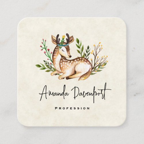 Pretty Watercolor Deer Laying Down Boho Square Square Business Card