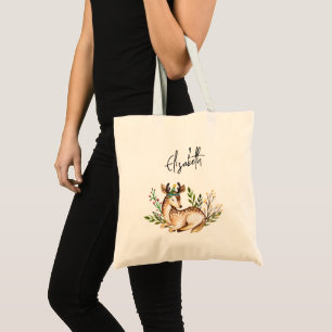 Pretty Watercolor Deer Laying Down Boho Tote Bag