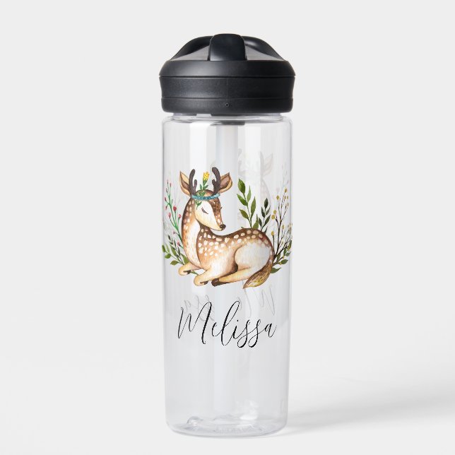Pretty Watercolor Deer Laying Down Boho Water Bottle (Front)