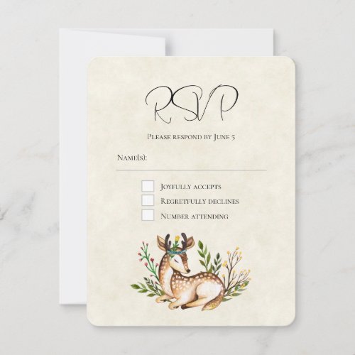 Pretty Watercolor Deer Laying Down Boho Wedding RSVP Card