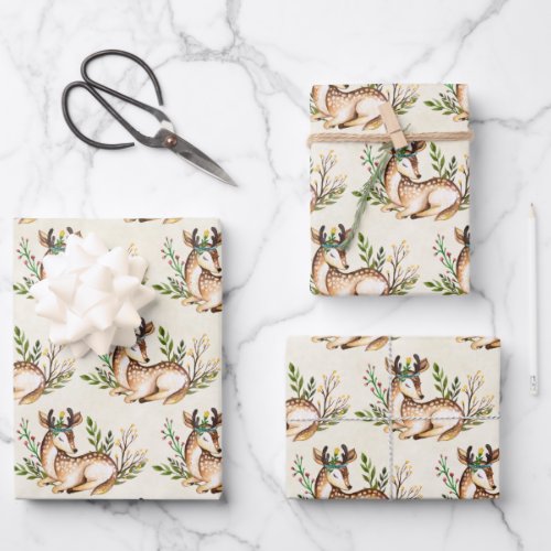 Pretty Watercolor Deer Laying Down Boho Wrapping Paper Sheets