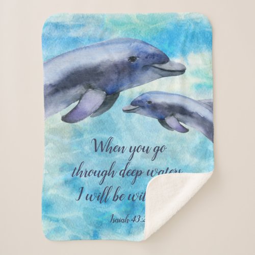 Pretty Watercolor Dolphins  Bible Verse Sherpa Blanket