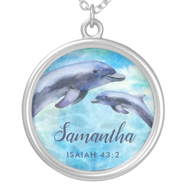 Pretty Watercolor Dolphins | Name and Verse Silver Plated Necklace (Front)