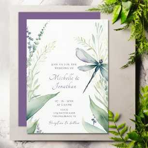 Pretty Watercolor Dragonfly and Greenery Wedding Invitation