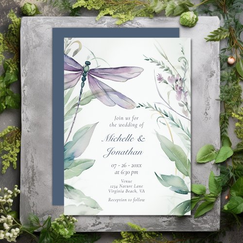 Pretty Watercolor Dragonfly and Greenery Wedding Invitation