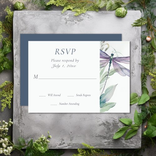 Pretty Watercolor Dragonfly and Greenery Wedding RSVP Card