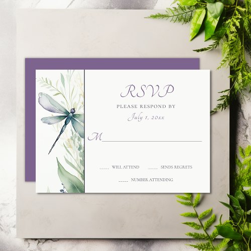Pretty Watercolor Dragonfly and Greenery Wedding RSVP Card
