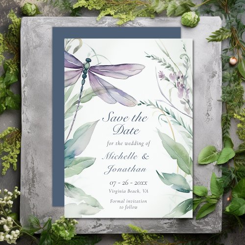 Pretty Watercolor Dragonfly and Greenery Wedding Save The Date