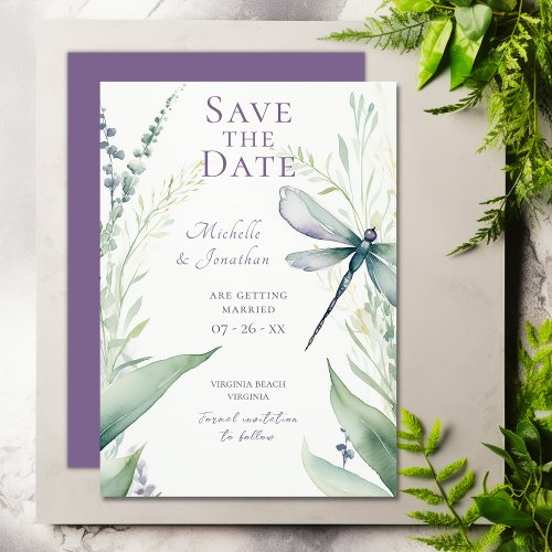 Pretty Watercolor Dragonfly and Greenery Wedding Save The Date