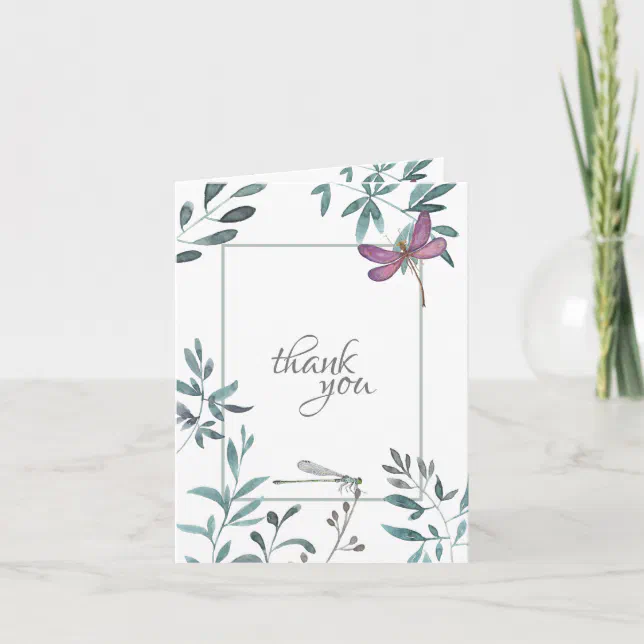 Pretty Watercolor Dragonfly Garden Greenery, White Thank You Card | Zazzle