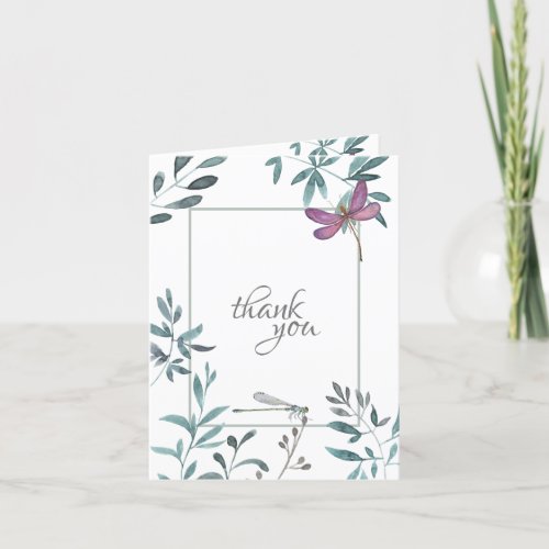 Pretty Watercolor Dragonfly Garden Greenery White Thank You Card