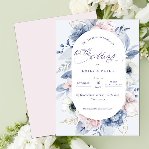 Pretty Watercolor Dusty Blue Floral Wedding Invitation