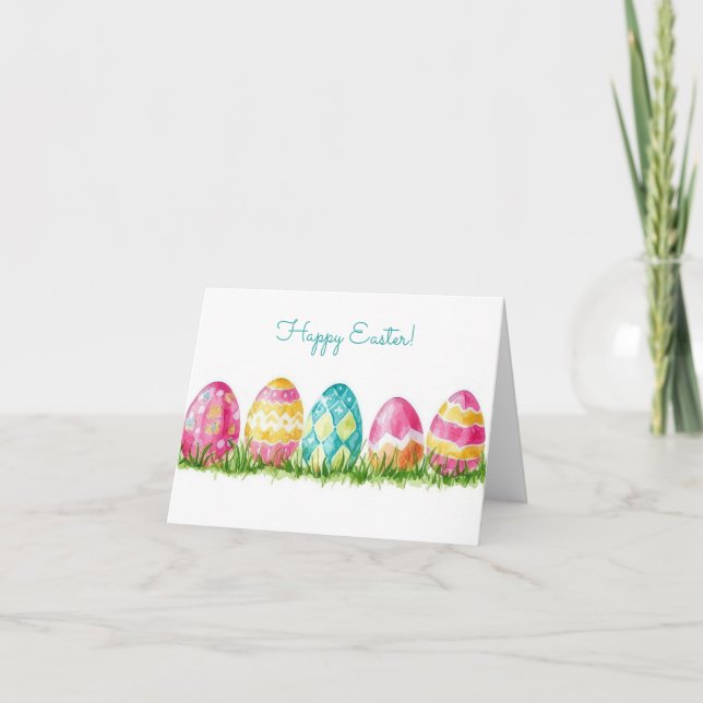 Pretty Watercolor Easter Eggs Holiday Card (Front)