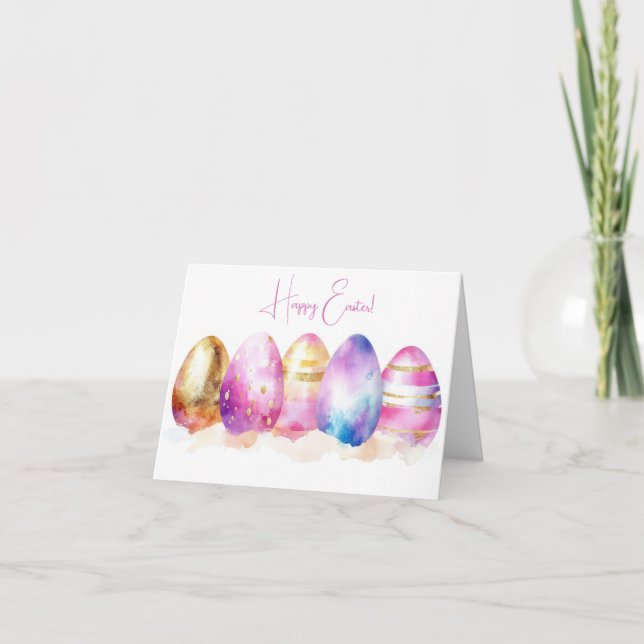 Pretty Watercolor Easter Eggs Holiday Card (Front)