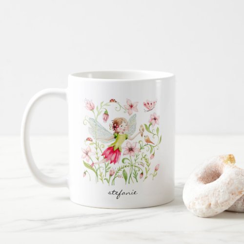 Pretty Watercolor Fairy and Pink Floral Coffee Mug
