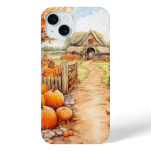 PRETTY WATERCOLOR FALL AUTUMN BARN & PUMPKINS iPhone 15 PLUS CASE