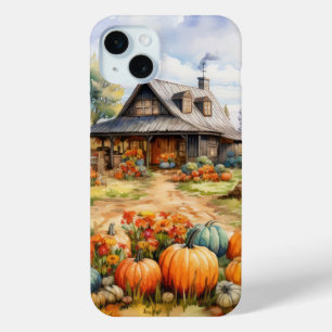 PRETTY WATERCOLOR FALL AUTUMN BARN & PUMPKINS iPhone 15 PLUS CASE