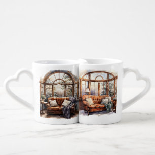 PRETTY WATERCOLOR FALL AUTUMN READING NOOK SCENE COFFEE MUG SET