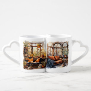PRETTY WATERCOLOR FALL AUTUMN READING NOOK SCENE COFFEE MUG SET