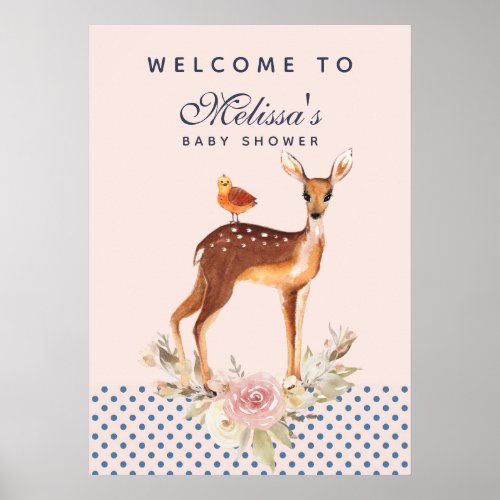 Pretty Watercolor Fawn with Flowers Baby Shower Poster