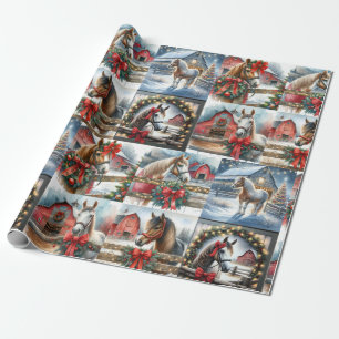 Pretty Watercolor Festive Horses Christmas Wrapping Paper