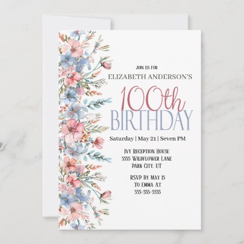Pretty Watercolor Floral 100th Birthday Invitation