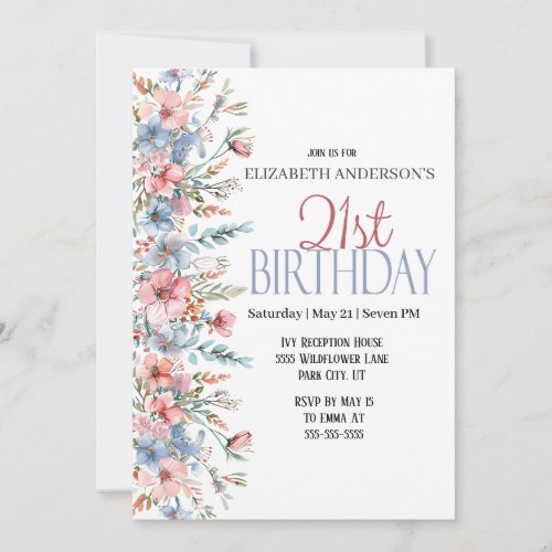 Pretty Watercolor Floral 21st Birthday Invitation