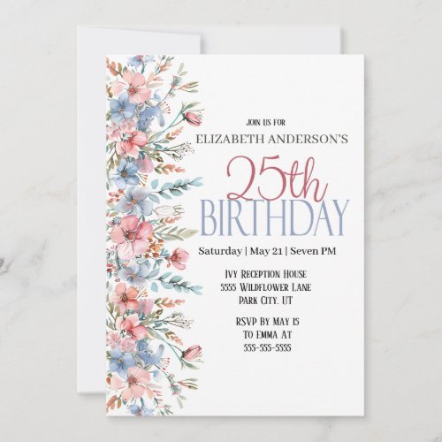 Pretty Watercolor Floral 25th Birthday Invitation