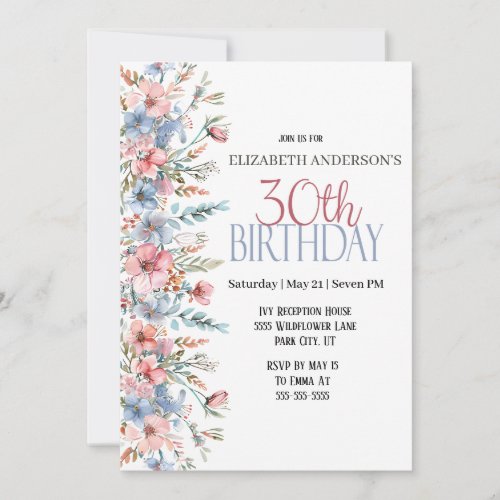 Pretty Watercolor Floral 30th Birthday Invitation