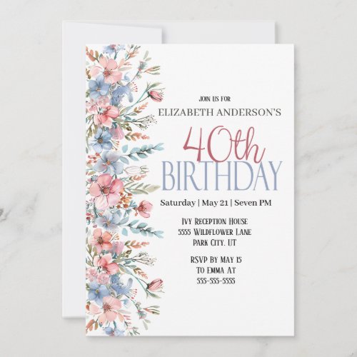 Pretty Watercolor Floral 40th Birthday Invitation
