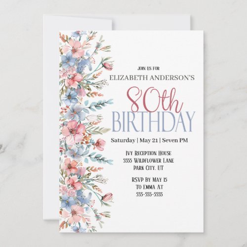 Pretty Watercolor Floral 80th Birthday Invitation