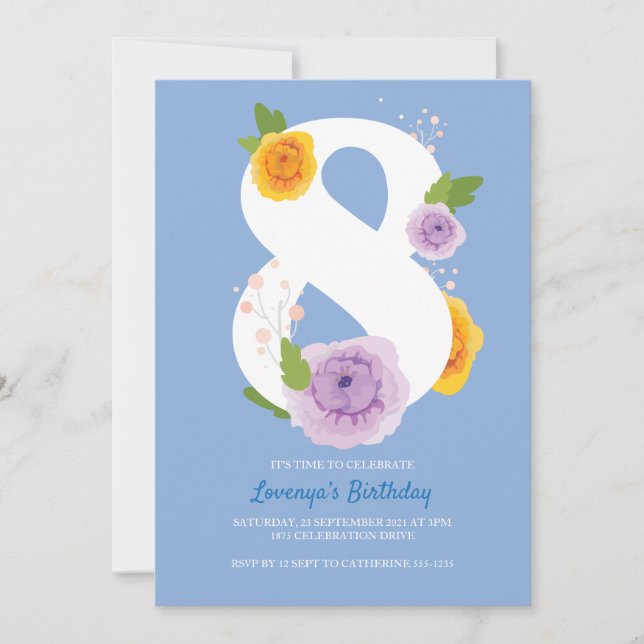 Pretty Watercolor Floral 8th Birthday Party Invite (Front)