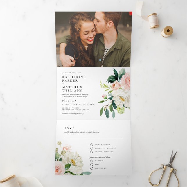 Pretty Watercolor Floral All-In-One Photo Wedding Tri-Fold Invitation (Inside)