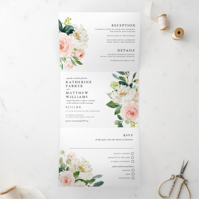 Pretty Watercolor Floral All-In-One Wedding Tri-Fold Invitation (Inside)
